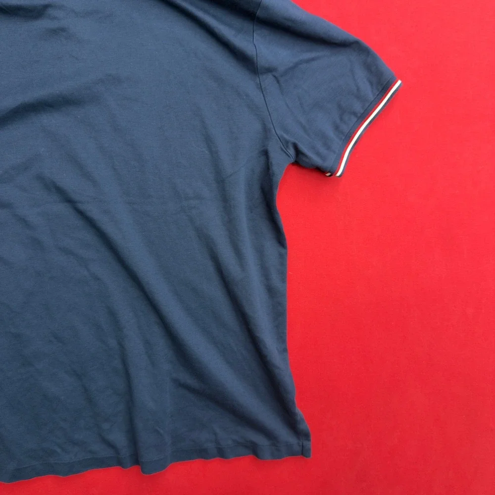 VTG Polo Ralph Lauren Mens Navy Blue Striped Trim Polo Shirt Red Pony Logo Large